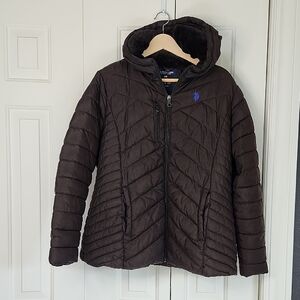 US Polo Assn Black Hooded Puffer Coat Faux Fur Lining Zippered Closure Women's L